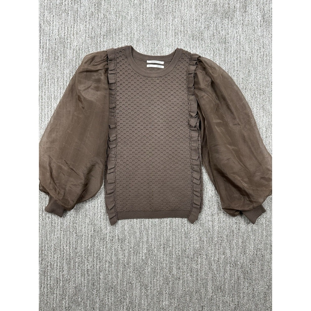 Anthropologie Sheer Tulle Puff Sleeve Textured Ruffle Brown Sweater XS